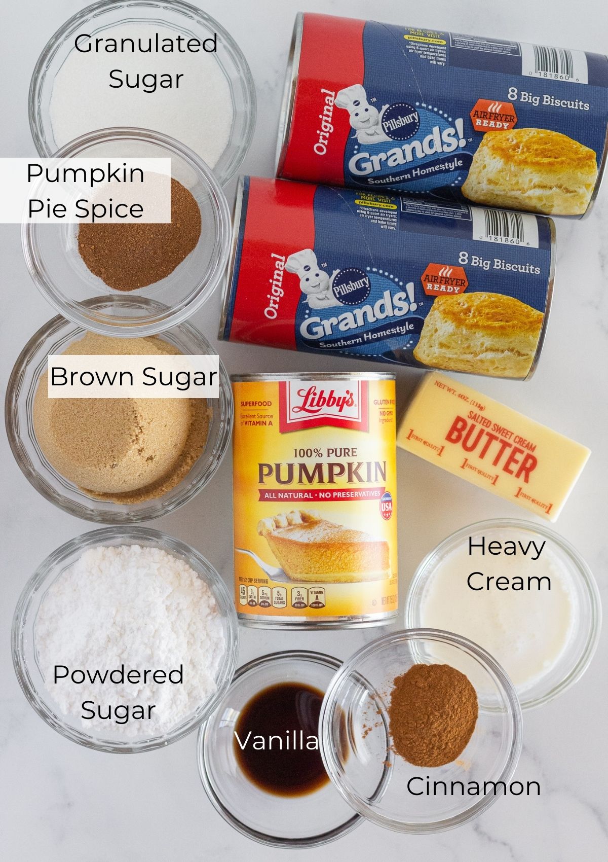 The ingredients needed to make pumpkin monkey bread with refrigerated biscuits.