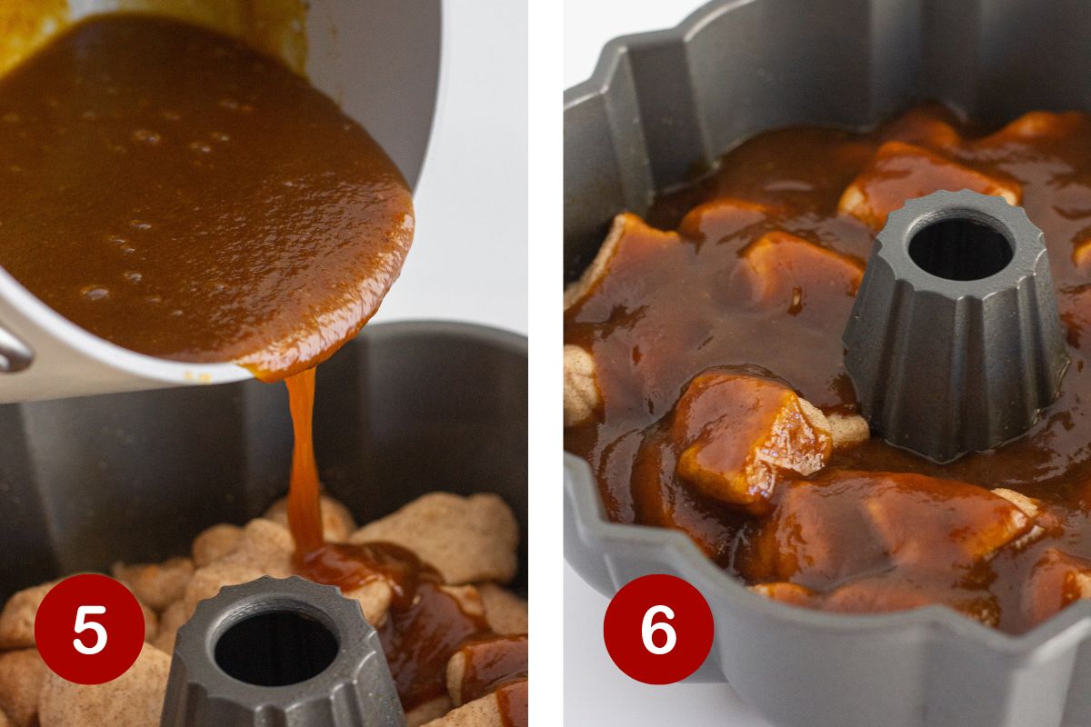 Steps 5 and 6 of making Pumpkin Monkey Bread. 5, making pumpkin caramel mixture. 6, pour mixture over the biscuits.