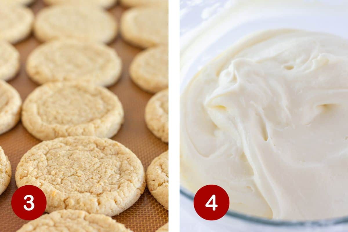 Steps 3 and 4 of making cheesecake cookie. 3, bake cookies at 350 degrees. 4, make cheesecake frosting.