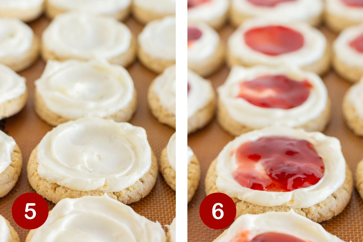 Steps 5 and 6 of making strawberry cheesecake cookies. 5, top cookies with frosting. 6, finish cookies with strawberry jam.