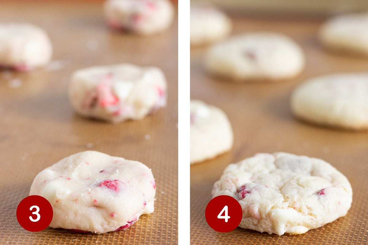 Steps 3 and 4 of making this recipe. 3, form cookie dough. 4, bake cookies for 9-11 minutes.