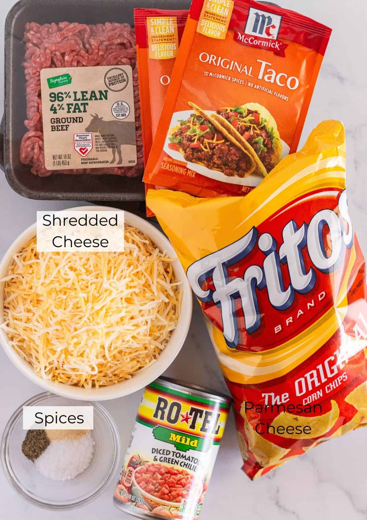 Ingredients needed to make walking taco casserole.