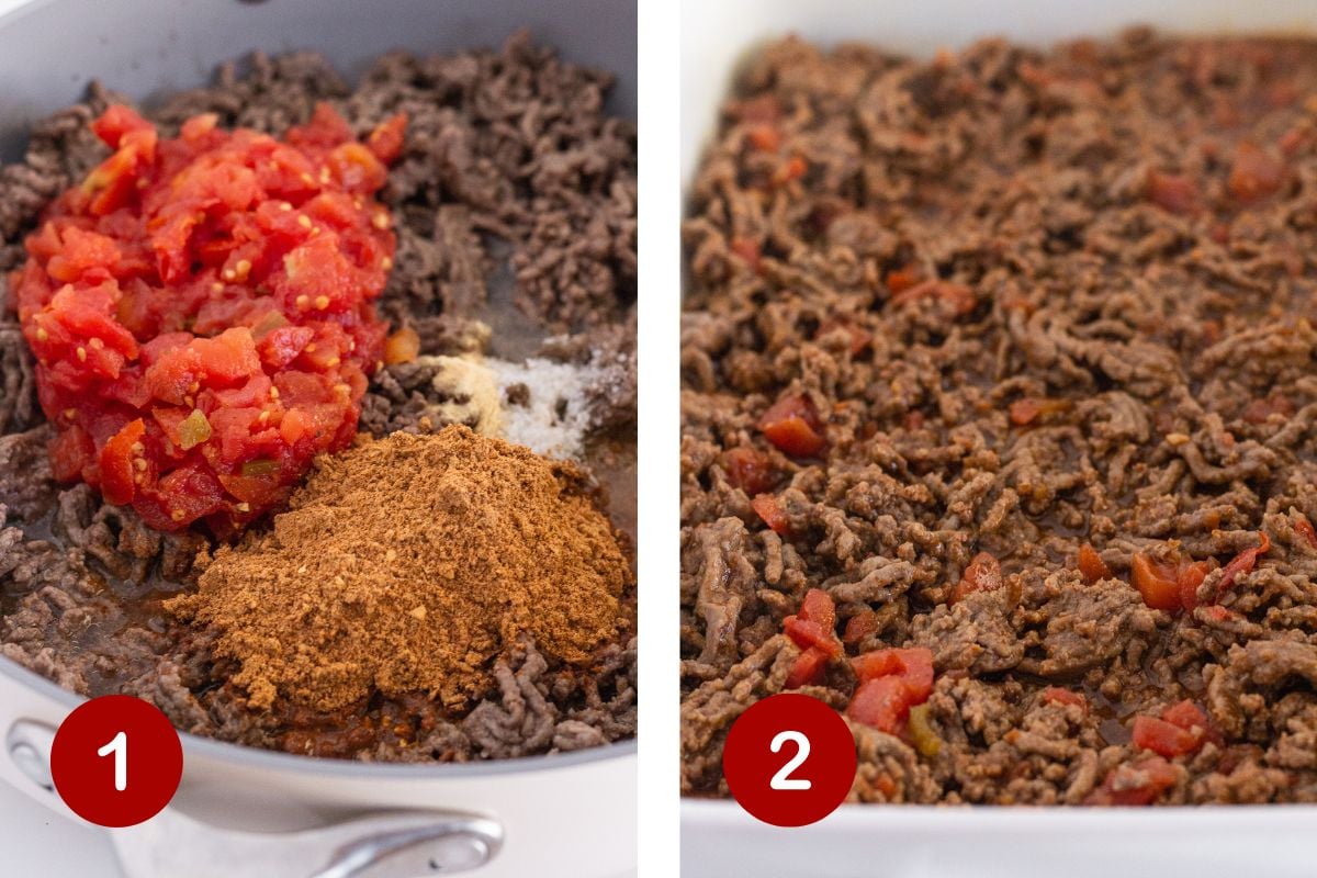 Steps 1 and 2 of making a walking taco casserole. 1, making the ground beef filling. 2, pour filling into prepared dish.