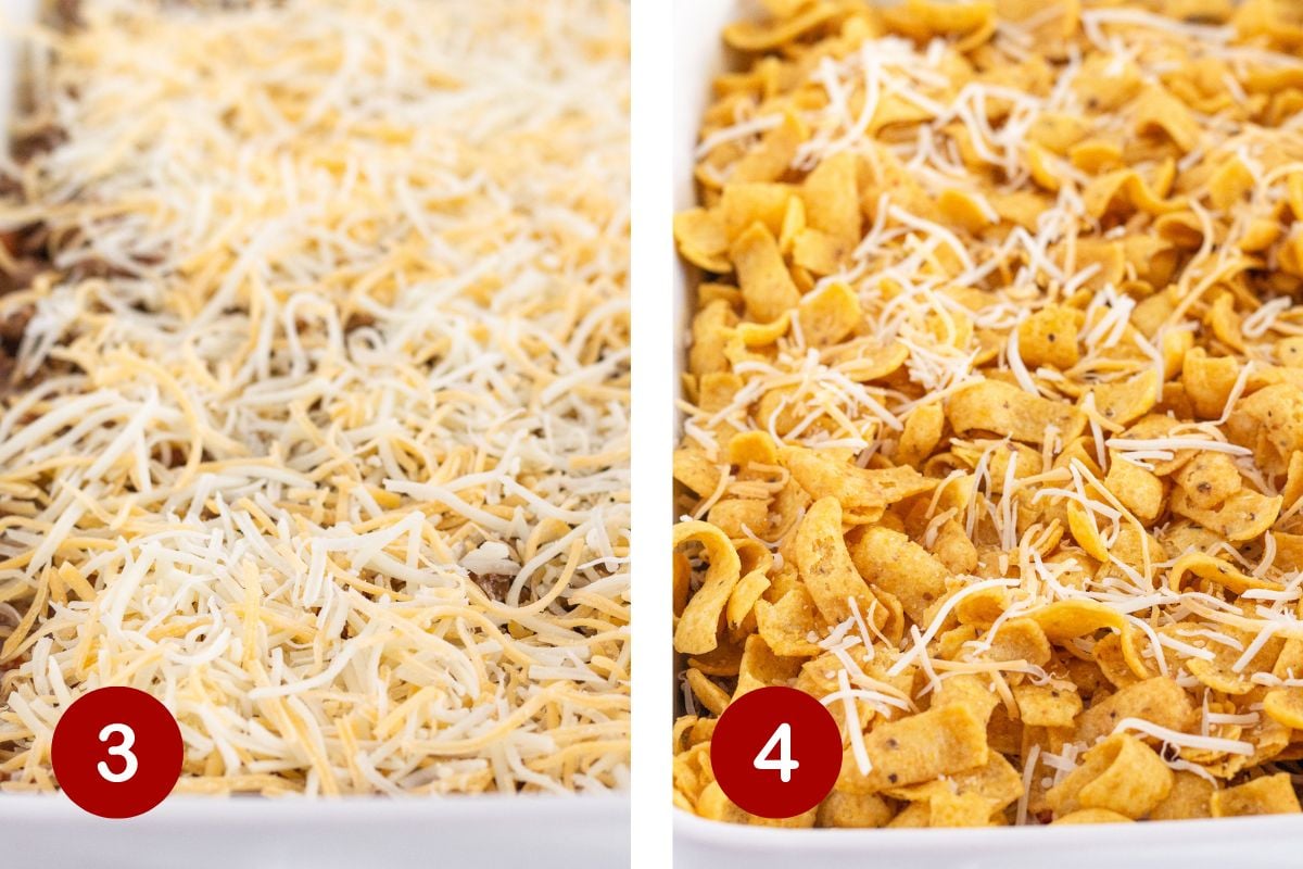Steps 3 and 4 of making a walking taco casserole. 3, top with shredded cheese. 4, top with Fritos chips.