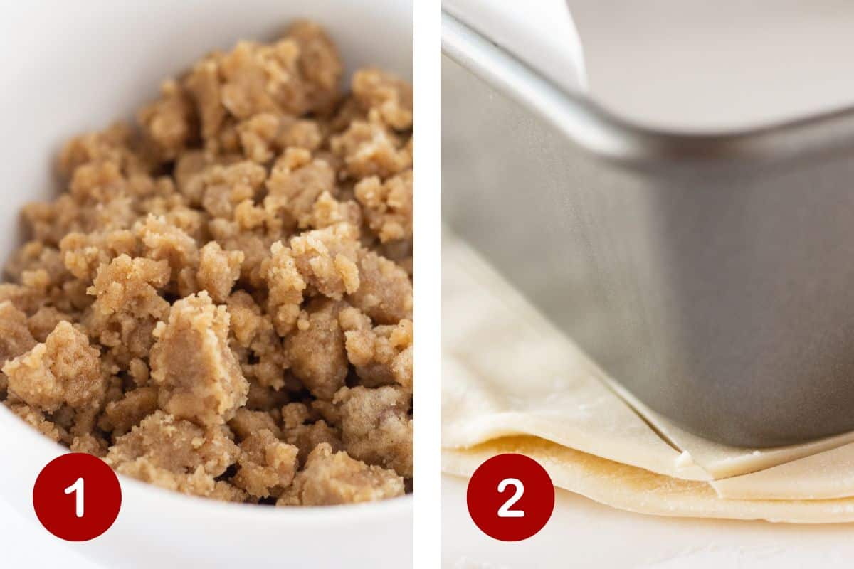 Steps 1 and 2 of making apple pie bars. 1, making the crumb topping. 2, cutting the crust.