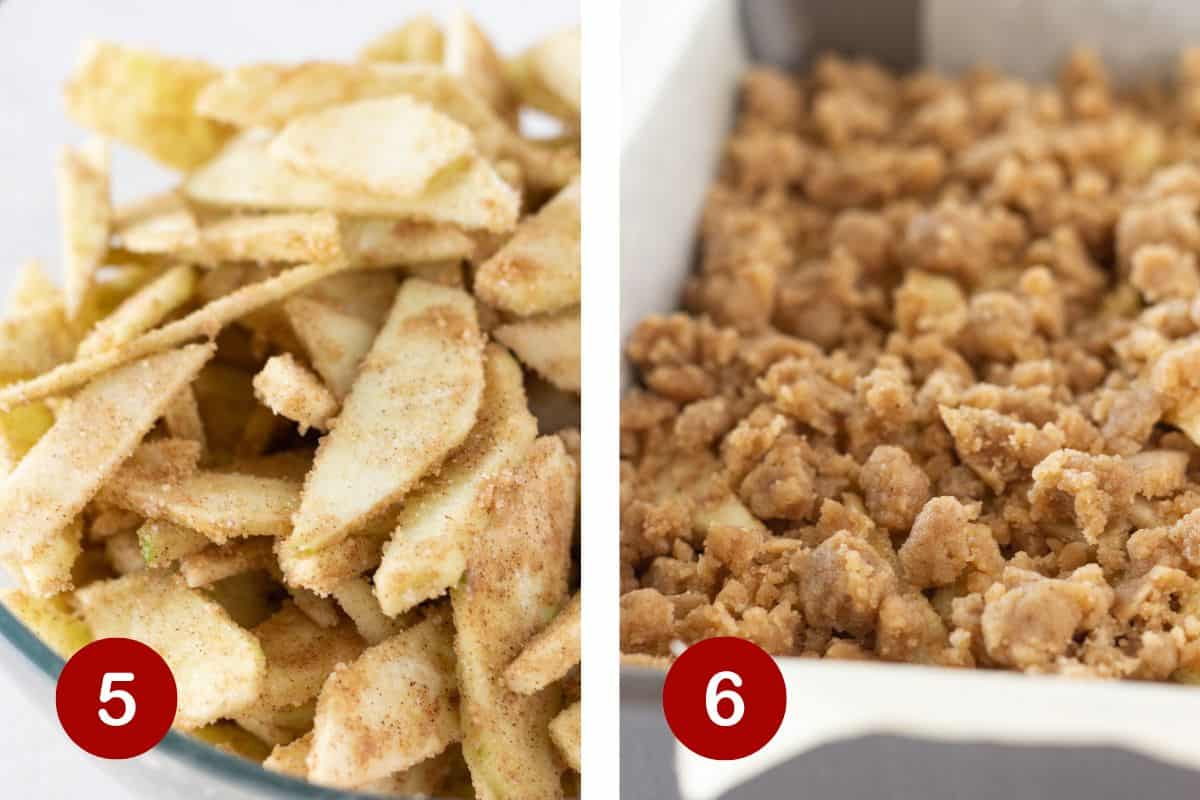 Steps 5 and 6 of making apple crumble bars. 5, making the apple mixture. 6, adding apples and crumb topping to the crust.