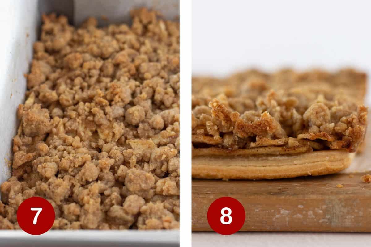 Steps 7 and 8 of making apple pie bars. 7, baking the bars. 8, cooling and cutting the bars.