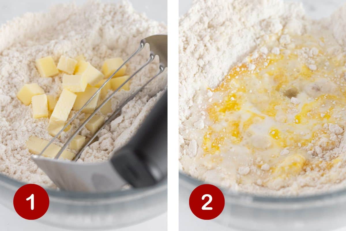 Steps 1 and 2 of making Bisquick scones. 1, cut butter into dry ingredients. 2, add wet ingredients to dry.