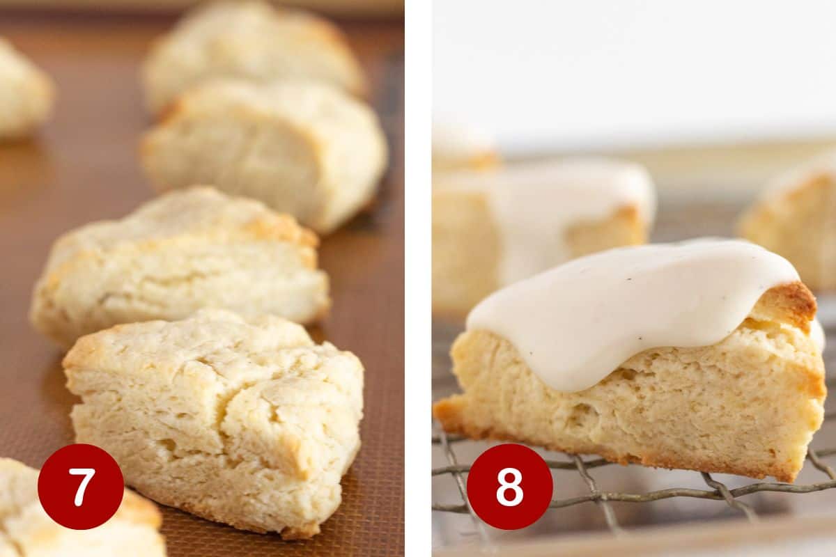 Steps 7 & 8 of making Bisquick scones. 7, bake the scones. 8, add vanilla glaze.