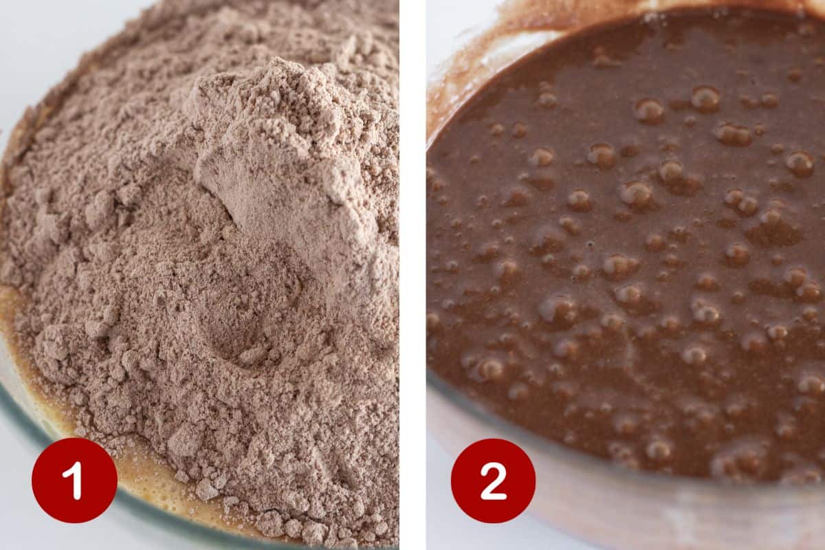 Steps 1 and 2 of making condensed milk brownies. 1, combine the ingredients. 2, mix the ingredients.