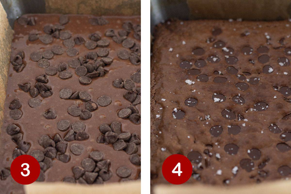 Steps 3 and 4 of making condensed milk brownies. 3, pour batter into pan and top with chocolate chips. 4, bake brownies.