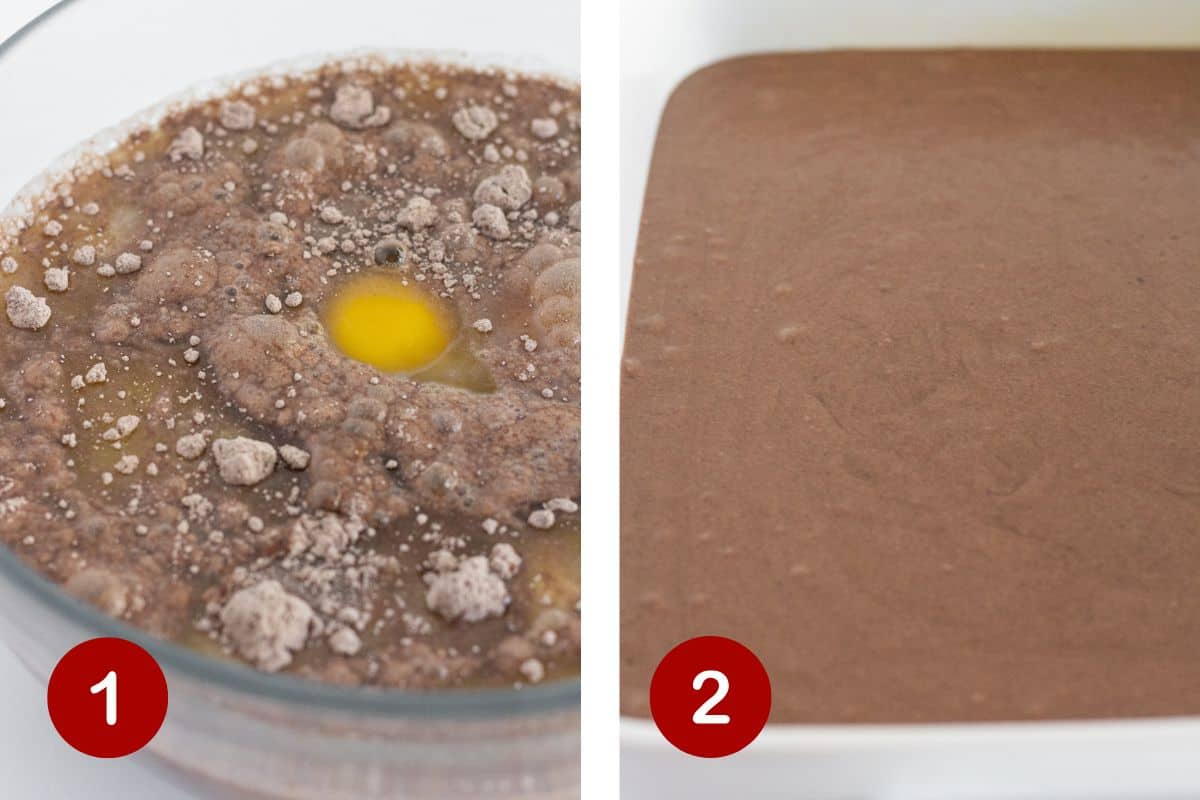 Steps 1 and 2 of making a Ferrero Rocher Cake. 1, make the cake batter. 2, pour the batter into a prepared pan.
