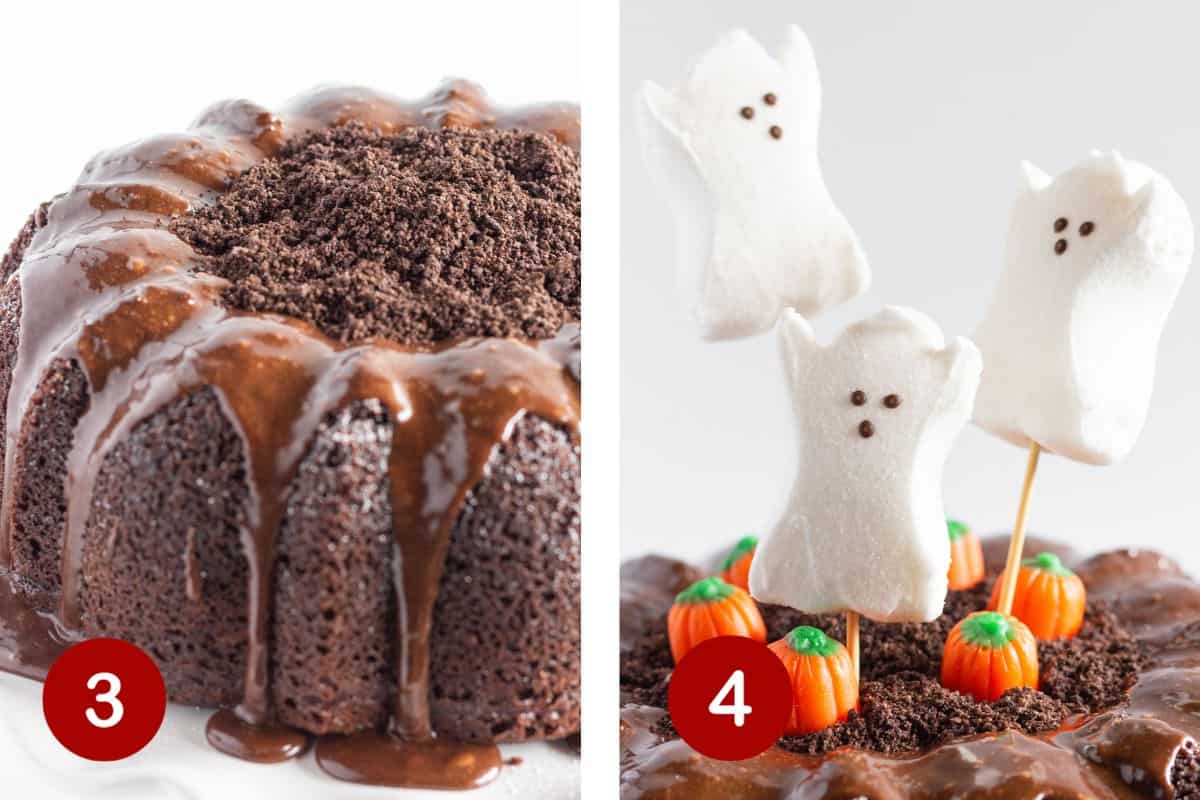 Step 3 and 4 of making a Halloween bundt cake. Step 3: Crushed oreos in center. Step 4: Ghost peeps and candy pumpkins on cake.  