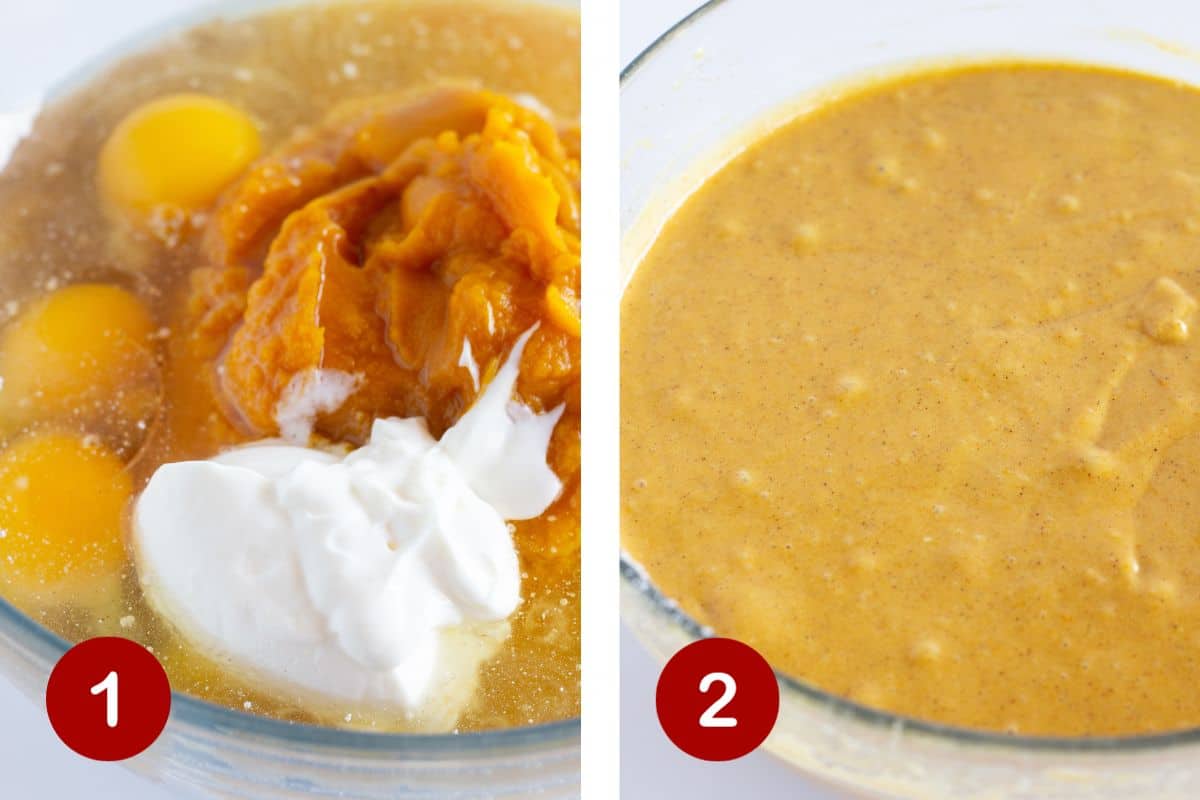 Steps 1 and 2 of making pumpkin bread with a cake mix. 1, combine ingredients. 2, mix ingredients.