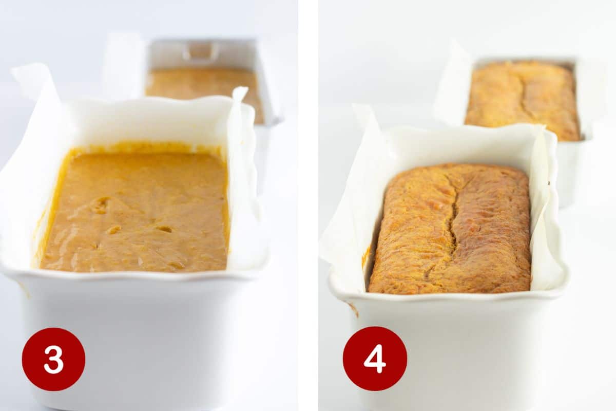 Steps 3 and 4 of making pumpkin bread with a cake mix. 3, pour batter into loaf pans. 4, bake.