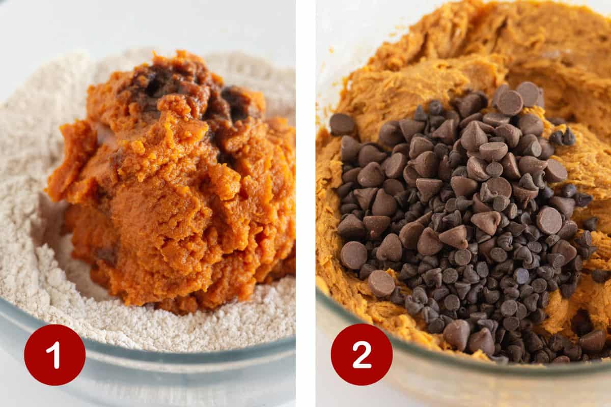 Steps 1 and 2 for making pumpkin chocolate chip cookies. 1, combine cookie ingredients. 2, add chocolate chips and stir.