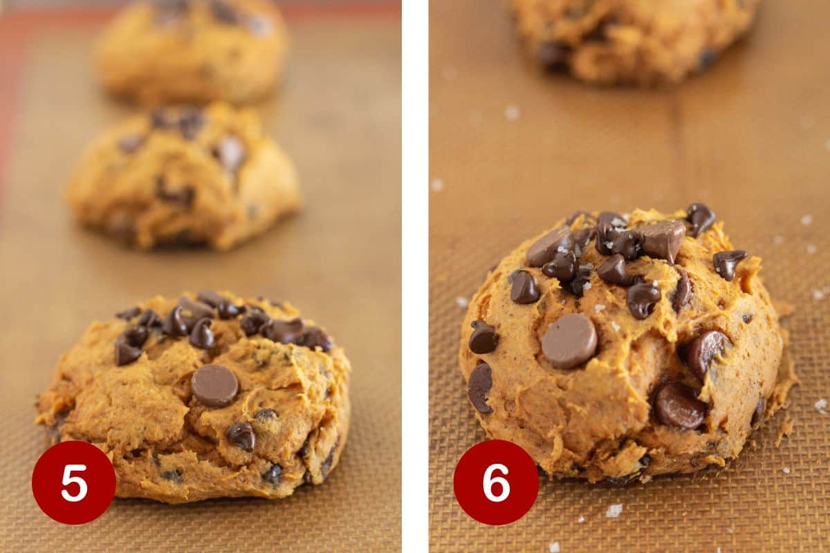 Steps 5 and 6 for making pumpkin chocolate chip cookies. 5, pull cookies from the oven to cool. 6, add flaky sea salt.