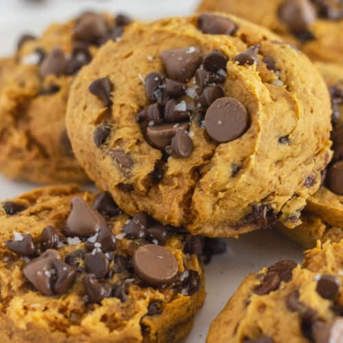 Pumpkin Chocolate Chip Cookies on a white plate.
