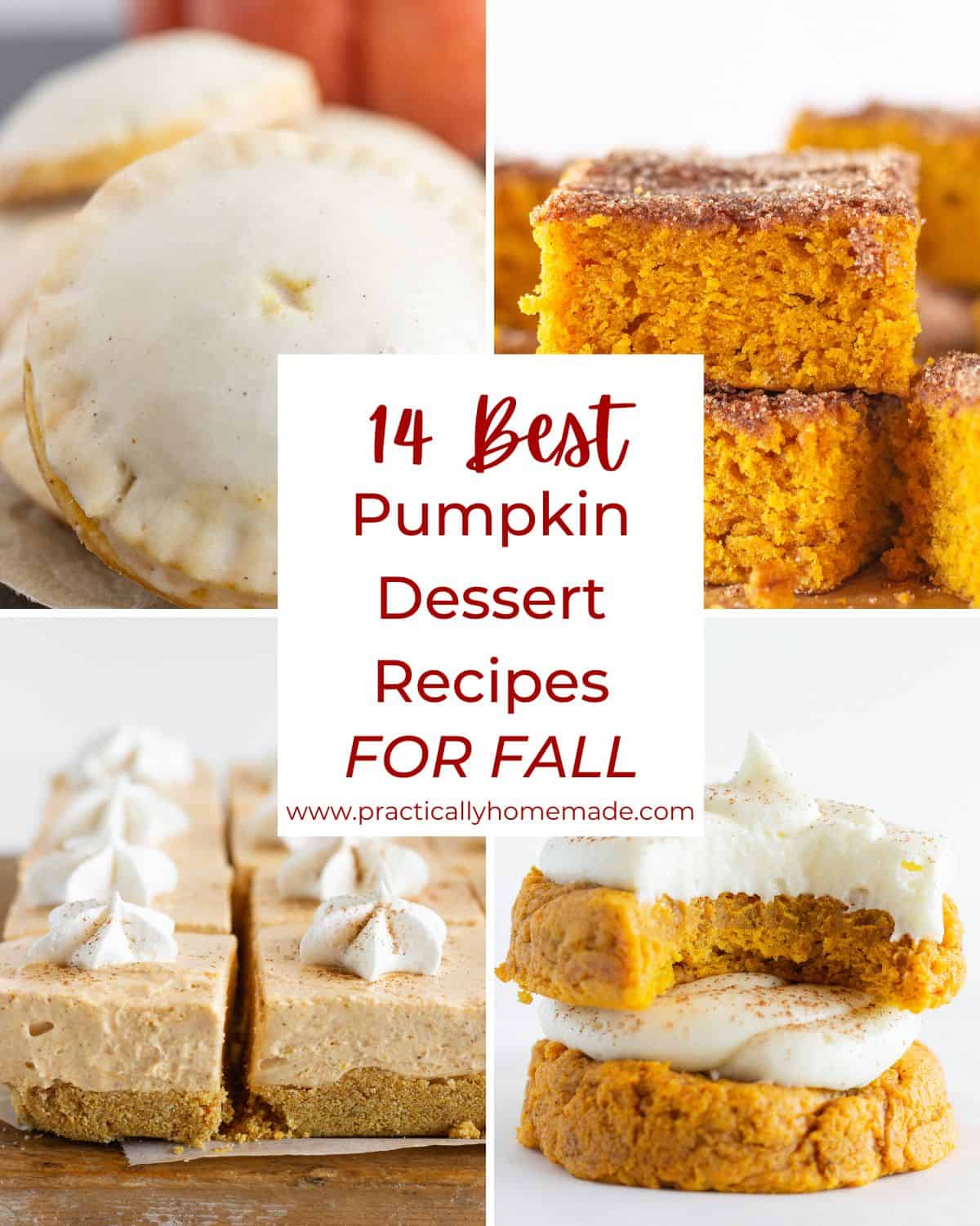 Collage of 4 of the 14 pumpkin desserts for fall.