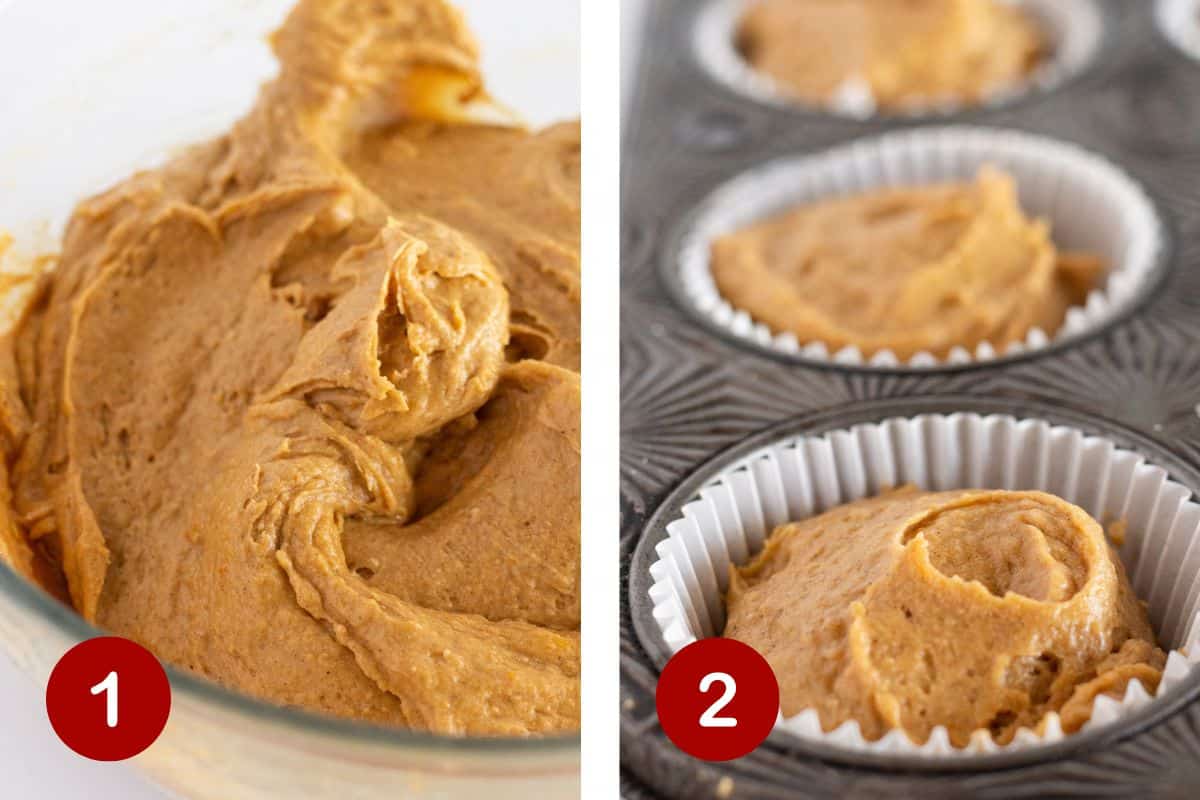 Steps 1 and 2 of making pumpkin muffins with 3 ingredients. 1, combine the ingredients into a batter. 2, add batter to muffin tin.
