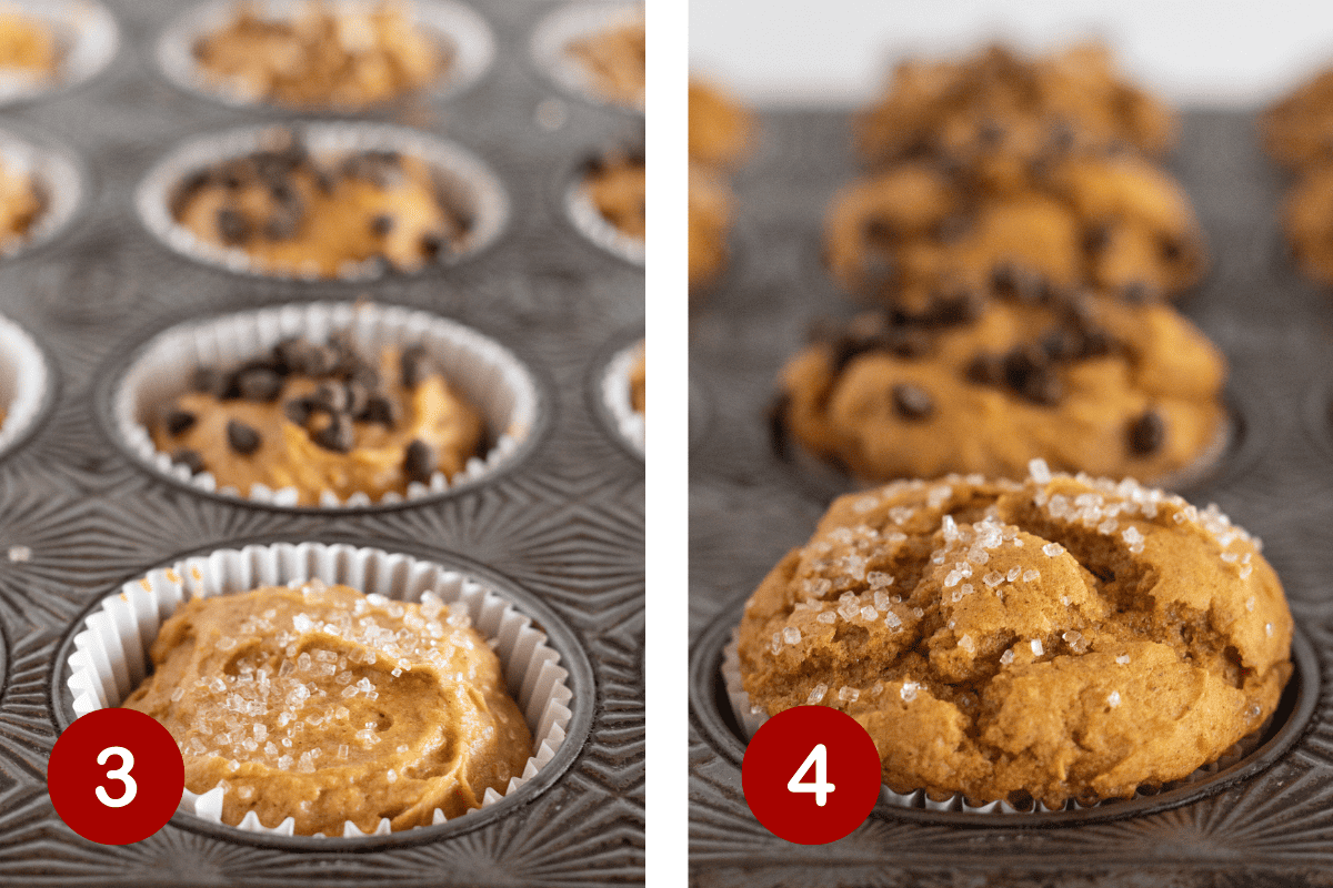 Steps 3 and 4 of making 3 ingredient pumpkin muffins. 3, top with ingredients if desired. 4, bake and enjoy.