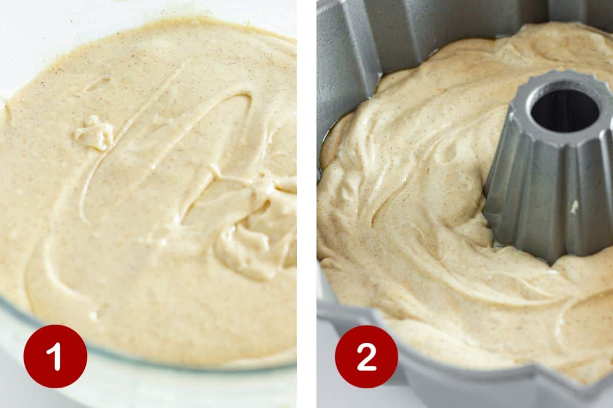 Steps 1 and 2 of making a spice cake. 1, make the cake batter. 2, pour batter into a prepared pan.