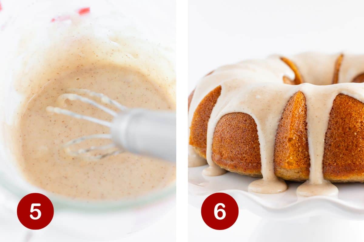 Steps 5 and 6 of making a spice cake. 5, make the maple glaze. 6, pour glaze over the cooled cake.