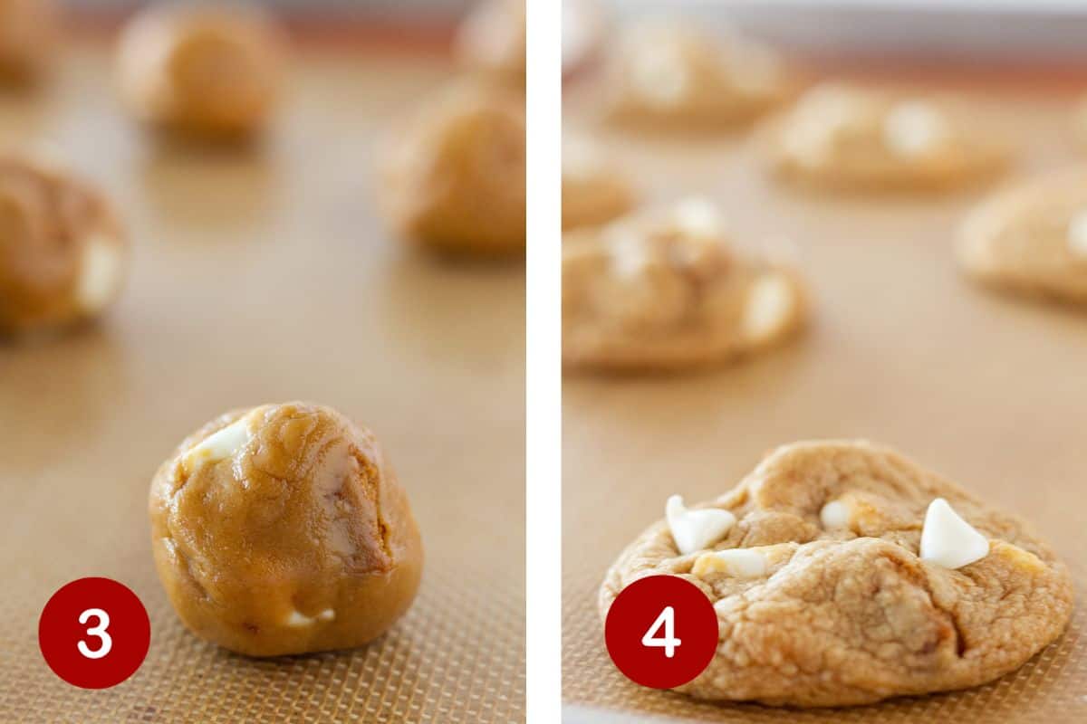 Steps 3 and 4 of making cookie butter cookies. 3, form dough into mounds. 4, bake cookies.