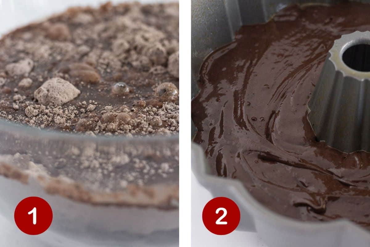 Steps 1 and 2 of making a black velvet cake. 1, make the cake batter. 2, add the batter to prepared pan.