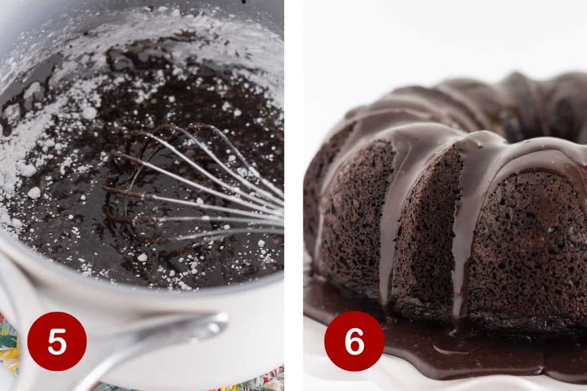Steps 5 and 6 of making a black velvet cake. 5, make the frosting. 6, pour frosting over cake.