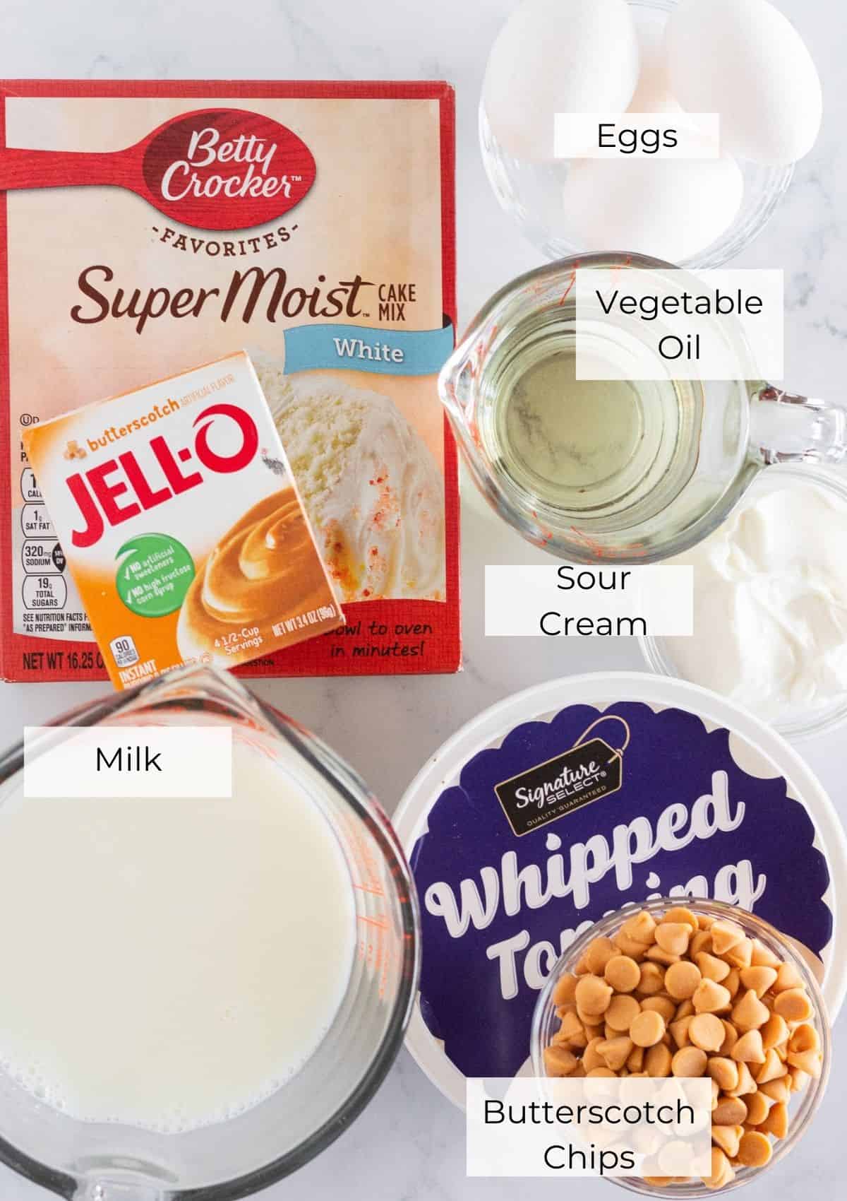 The ingredients needed to make a butterscotch cake.