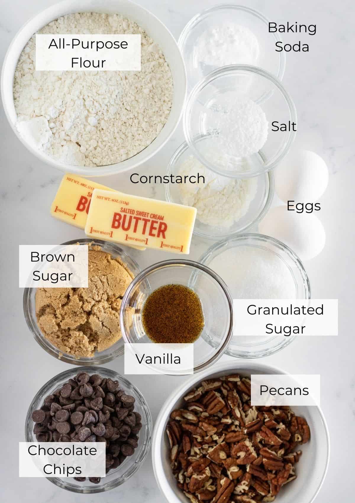 Ingredients needed to make Chocolate Chip and Pecan Cookies.