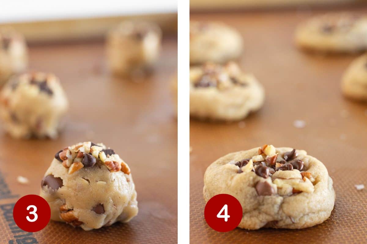 Steps 3 and 4 of making Chocolate Chip Pecan Cookies. 3, place cookies on baking sheet. 4, bake cookies.