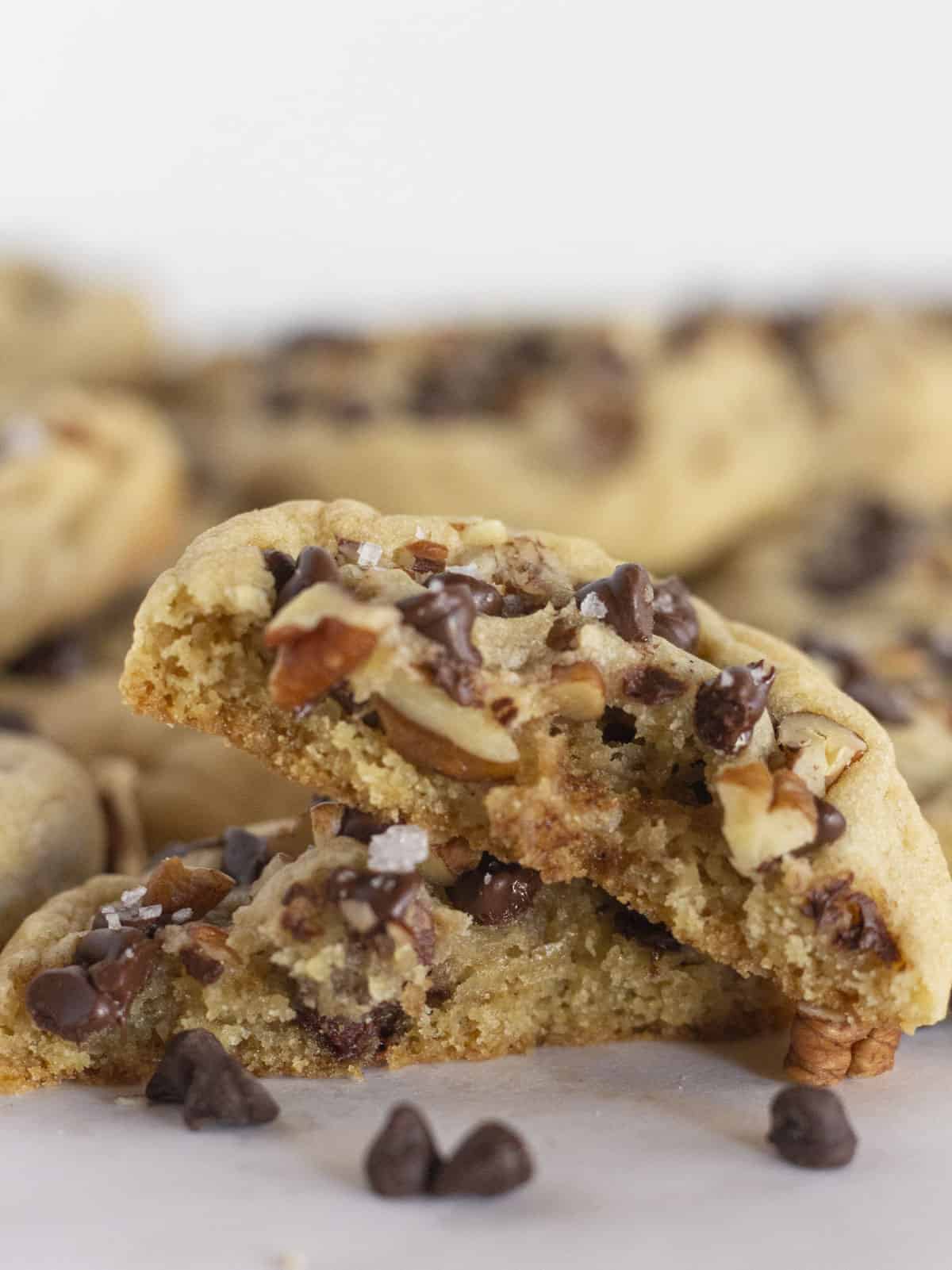 Looking into the middle of Chocolate Chip and Pecan Cookies.