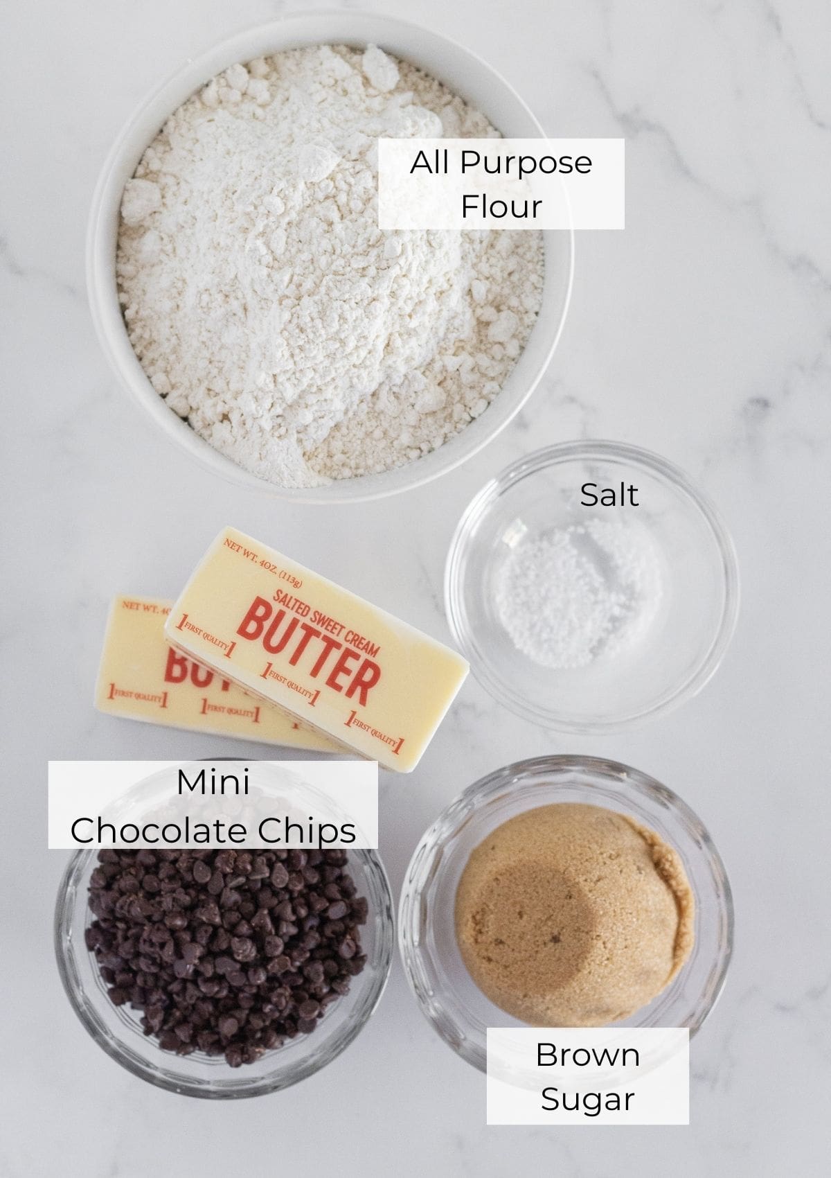 Ingredients needed to make chocolate chip shortbread.