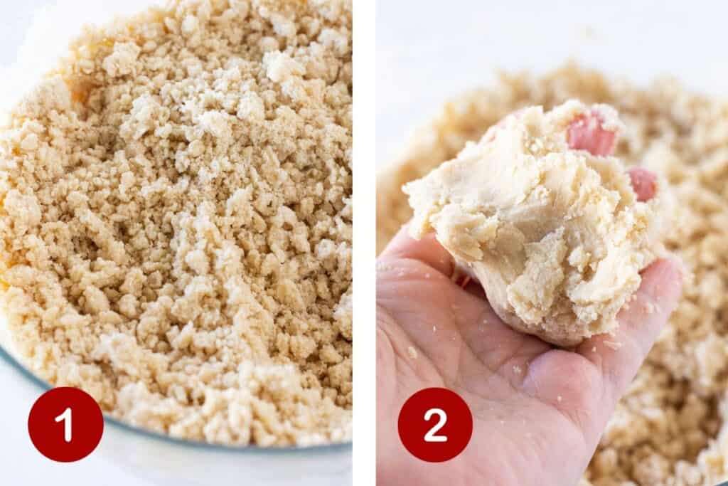 Steps 1 and 2 of making shortbread. 1, combine the ingredients until crumbly. 2, use your hands to form dough.