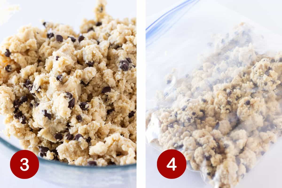 Steps 3 and 4 of making chocolate chip shortbread. 3, add chocolate chips to dough. 4, add dough to zipper bag.