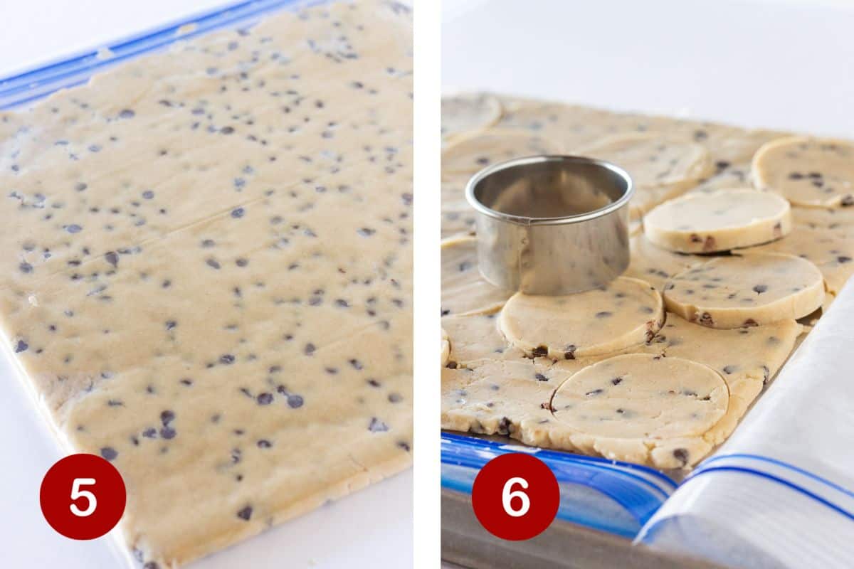 Steps 5 and 6 of making chocolate chip shortbread. 5, roll dough into bag and chill. 6, cut out cookies.