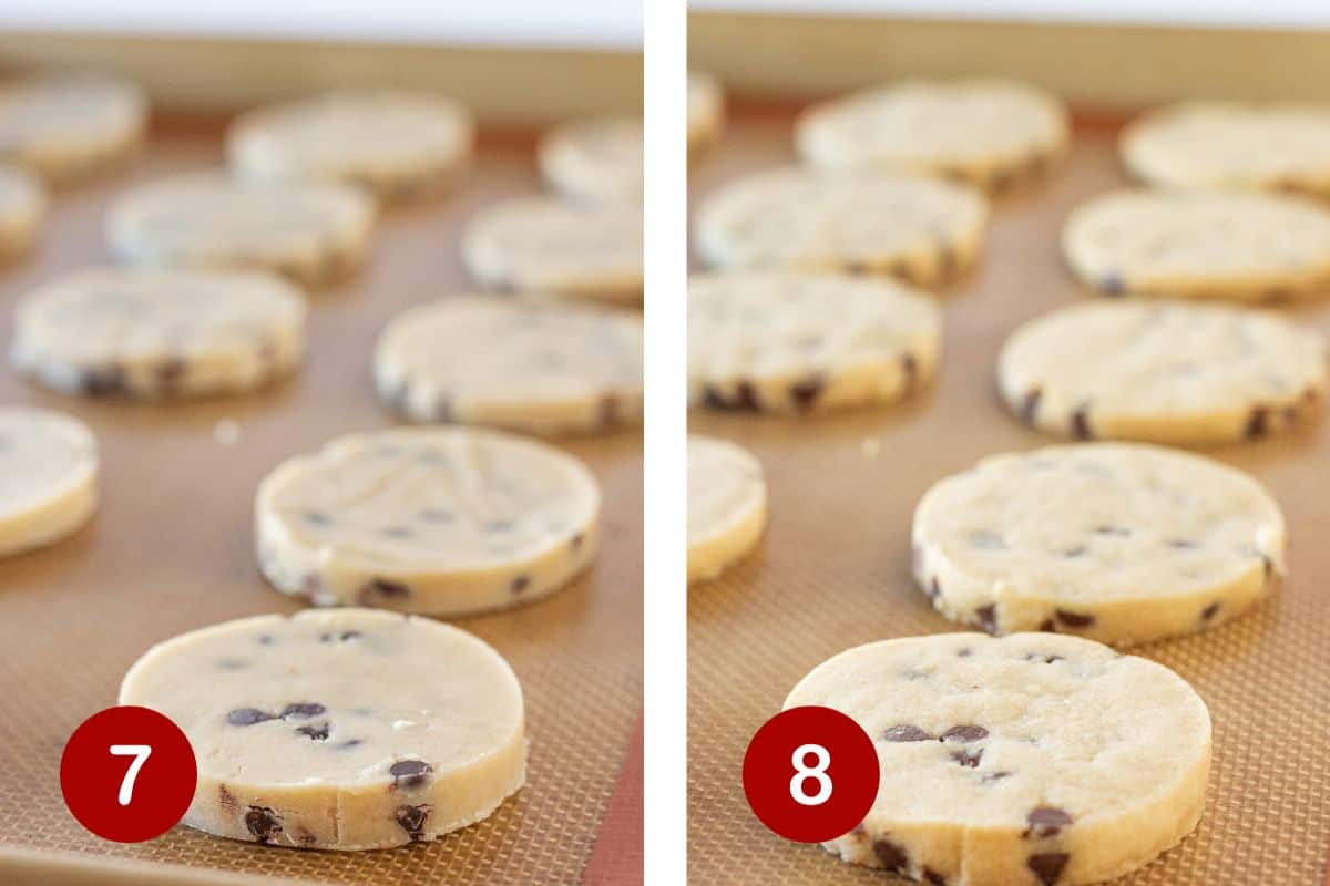 Steps 7 and 8 of making chocolate chip shortbread. 7, place cookies on tray. 8, bake cookies.