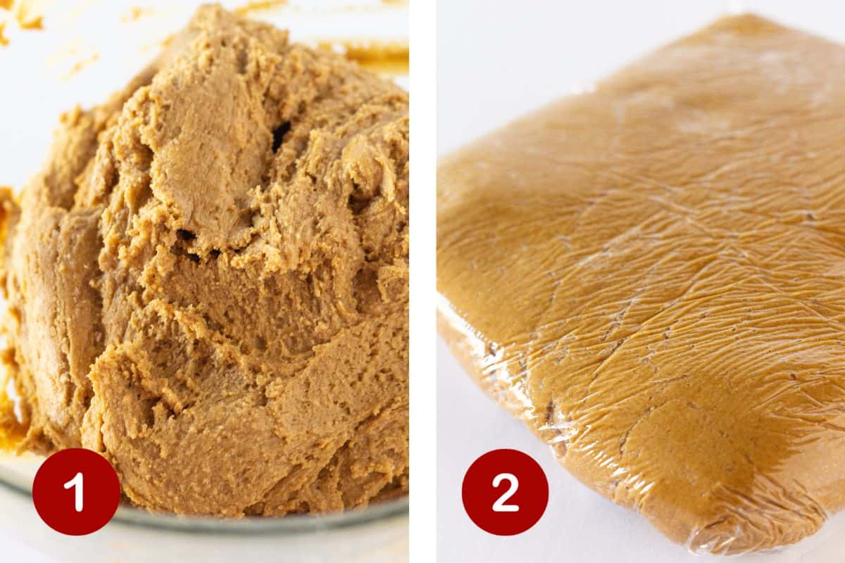 Steps 1 and 2 of making gingerbread cookies. 1, make the dough. 2, refrigerate the dough.
