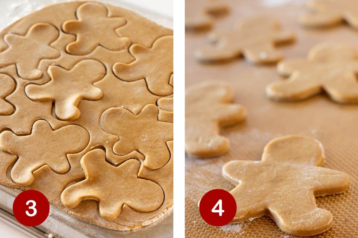 Steps 3 and 4 of making gingerbread cookies. 3, roll out chilled dough and cut out cookies. 4, place cookies on baking sheet.