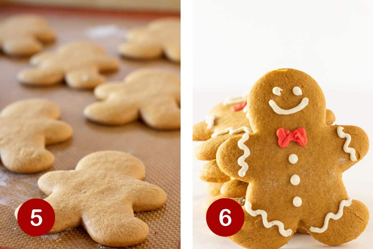 Steps 5 and 6 of making soft gingerbread cookies. 5, bake cookies. 6, decorate cookies.