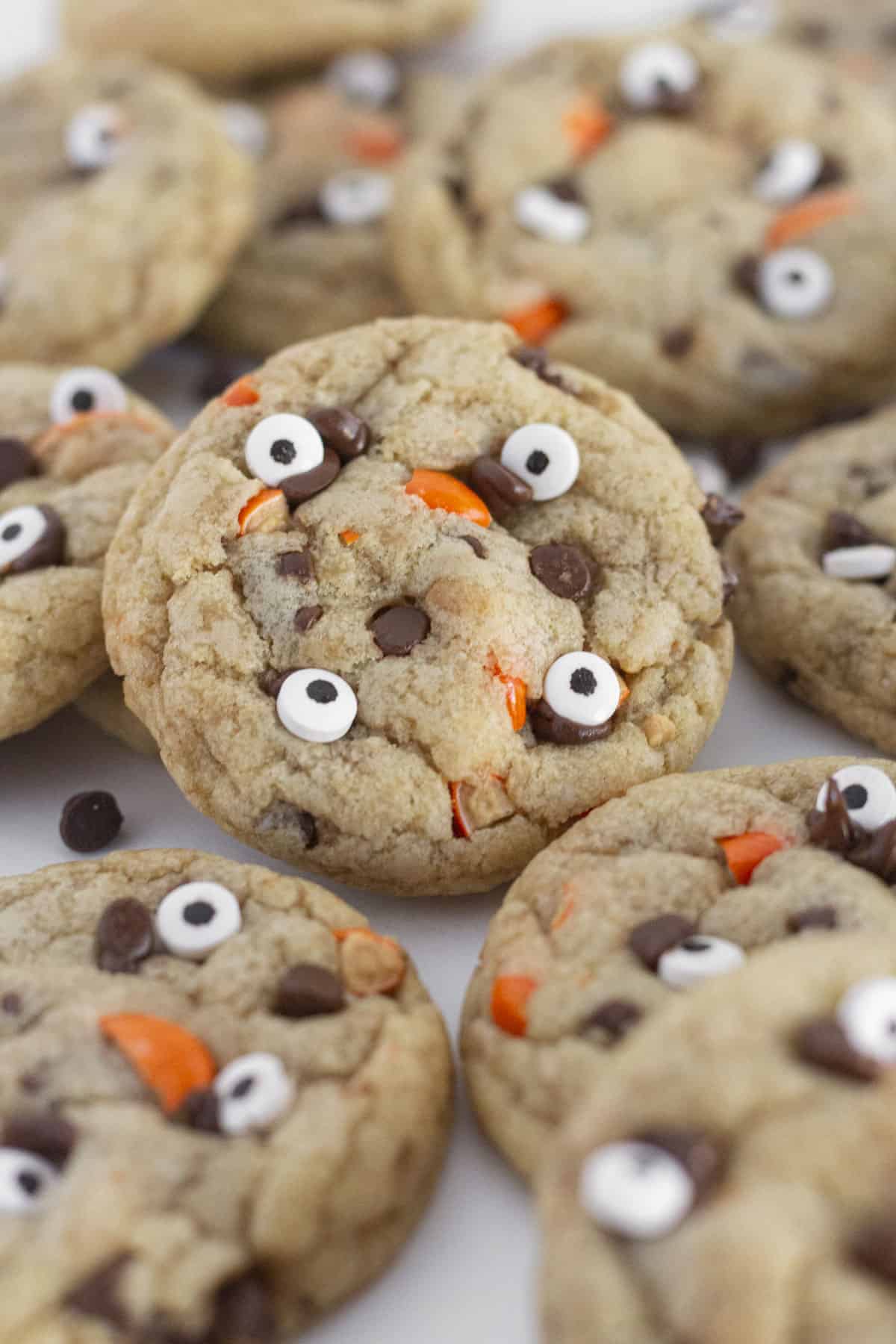 Easy Halloween Chocolate Chip Cookies ready to eat on a white plate.