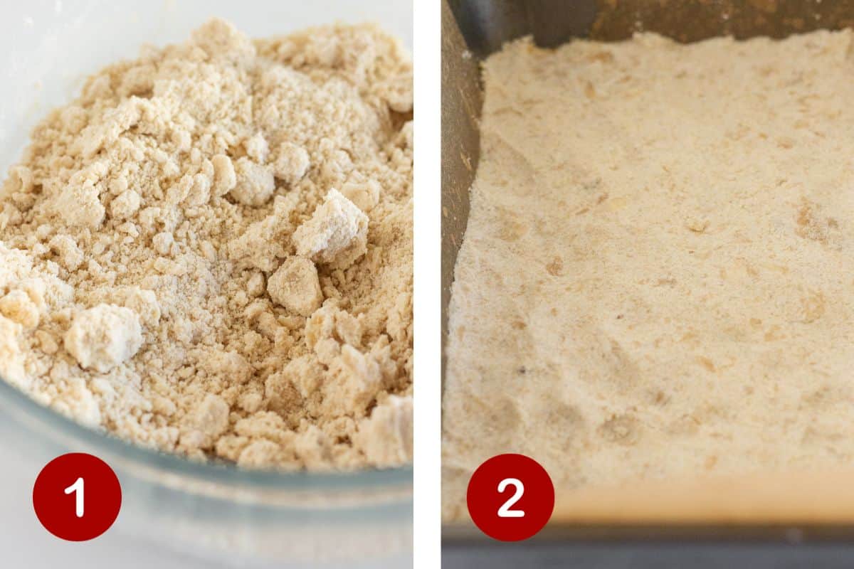 Steps 1 and 2 of making pecan shortbread bars. 1, making the shortbread. 2, pressing the shortbread into pan.