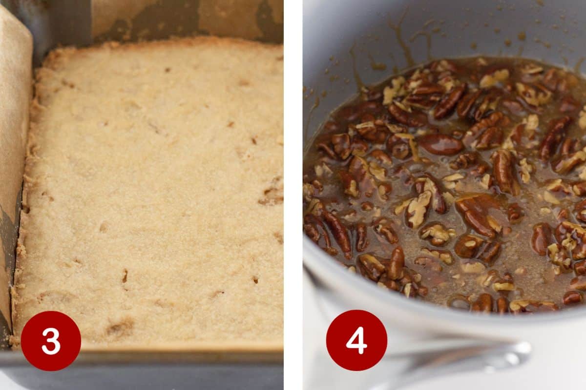 Steps 3 and 4 of making pecan pie bars. 3, bake crust. 4, making pecan topping.