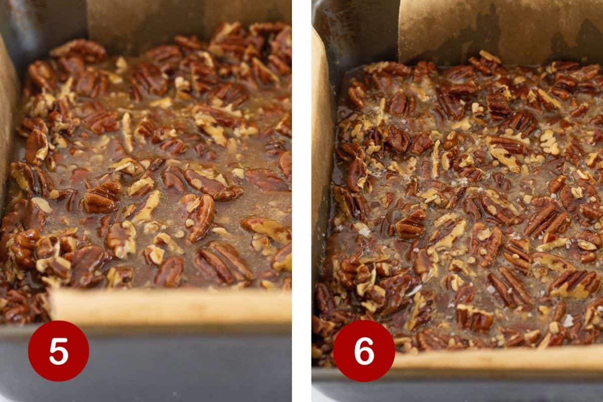 Steps 5 and 6 of making pecan bars. 5, pour pecan mixture over crust. 6, bake and sprinkle with salt.