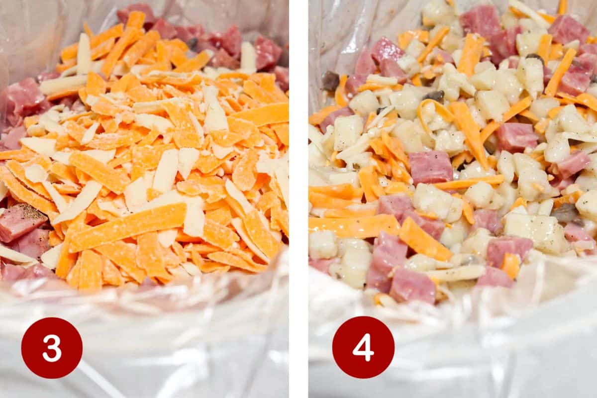 Steps 3 and 4 of making scalloped potatoes and ham. 3, add cheese. 4, stir ingredients and cook.