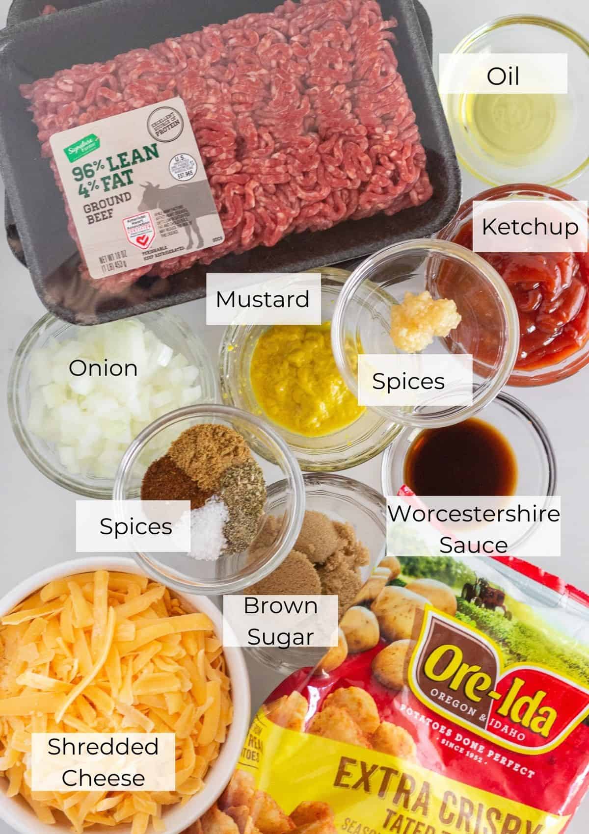 The ingredients needed to make sloppy joe tater tot casserole.