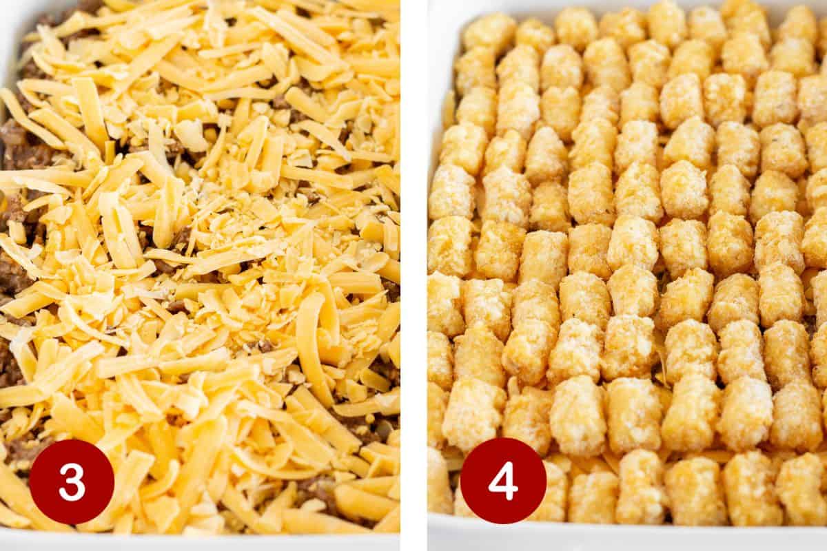 Steps 3 and 4 of making a sloppy joe tater tot casserole. 3, top with shredded cheese. 4, add tater tots and bake.