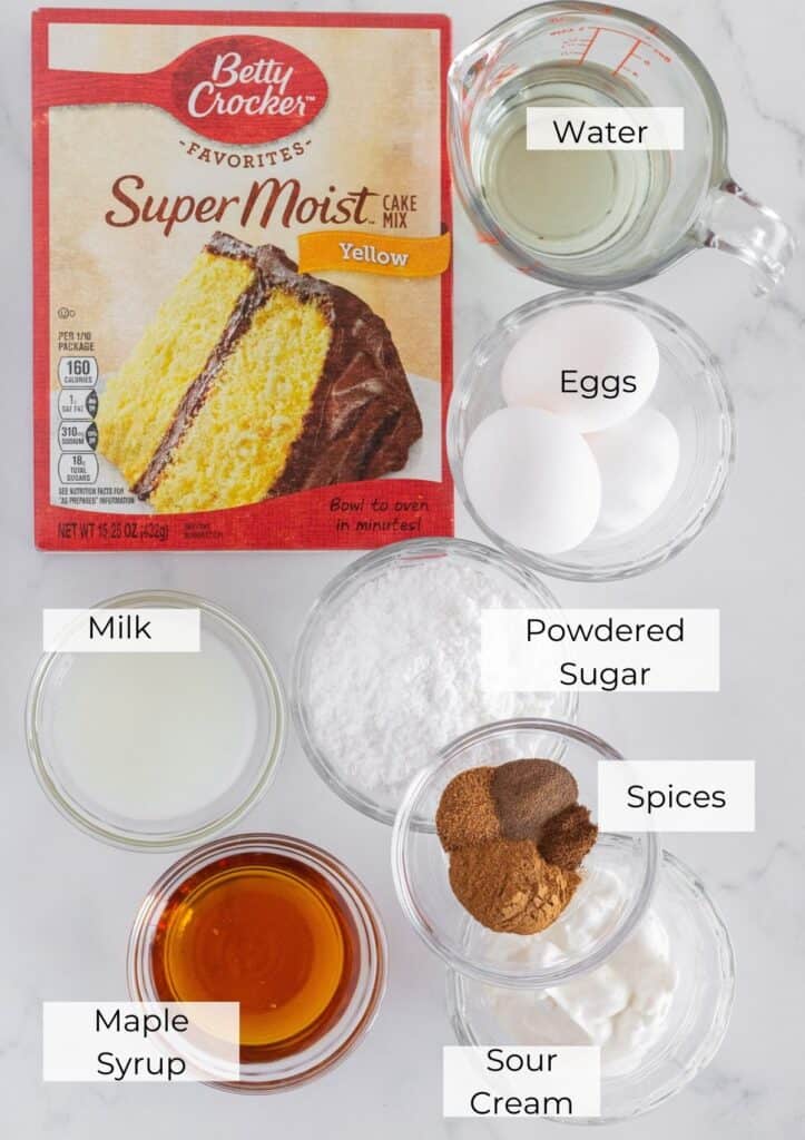Ingredients needed to make a spice bundt cake.